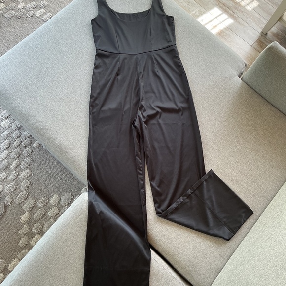 *Price Drop* NWOT ADAY midnight black stretch satin long haul jumpsuit - size M - Picture 3 of 7